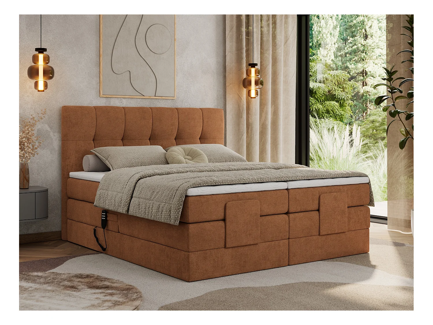 Boxspringbett VITTORIA - mit gestepptem Kopfteil, elektrischem Untergestell, Multipocket-Matratze - 180x200 cm - H3 - Orange Strukture
