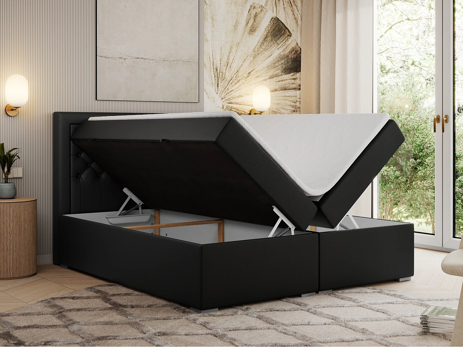 Boxspringbett JASIR - mit gestepptem Kopfteil, Doppelbett für Schlafzimmer, Multipocket-Matratze, Stauraum - 140x200 cm - H4 - Schwarz Kunstleder