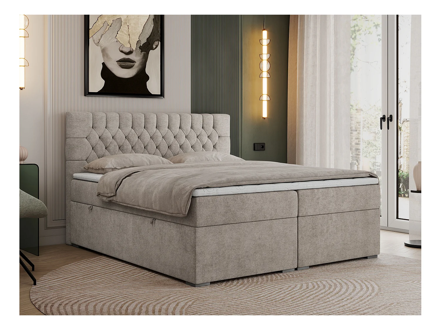 Boxspringbett PERA - gesteppte Kopfstütze, Multipocket-Matratze und Topper, Doppelbett mit Stauraum - 140x200 cm - H4 - Beige Strukture