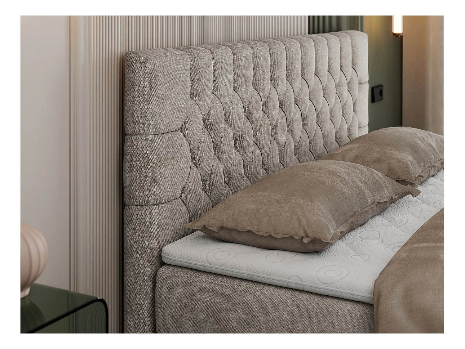 Boxspringbett PERA - gesteppte Kopfstütze, Multipocket-Matratze und Topper, Doppelbett mit Stauraum - 140x200 cm - H4 - Beige Strukture