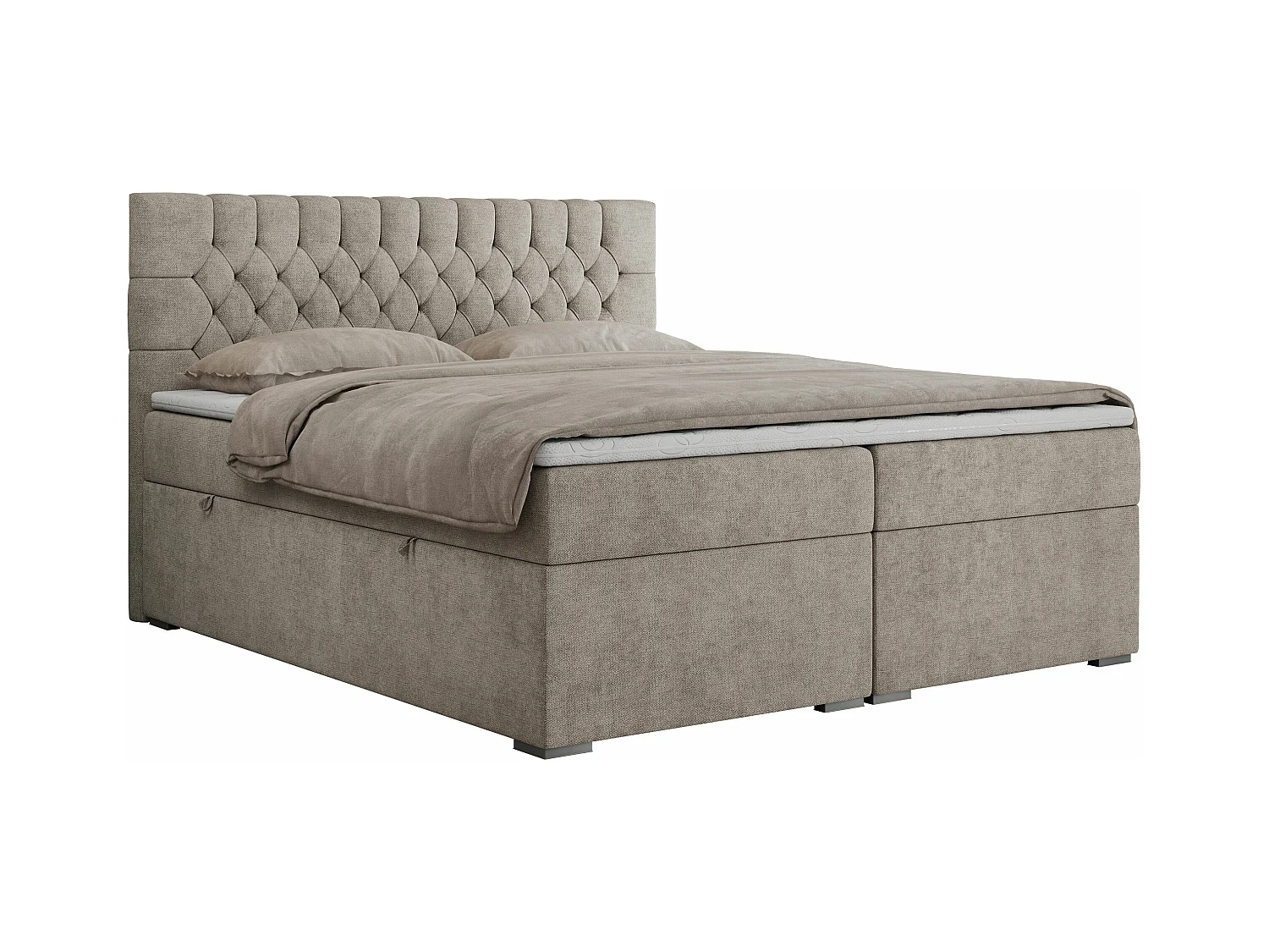 Boxspringbett PERA - gesteppte Kopfstütze, Multipocket-Matratze und Topper, Doppelbett mit Stauraum - 140x200 cm - H4 - Beige Strukture