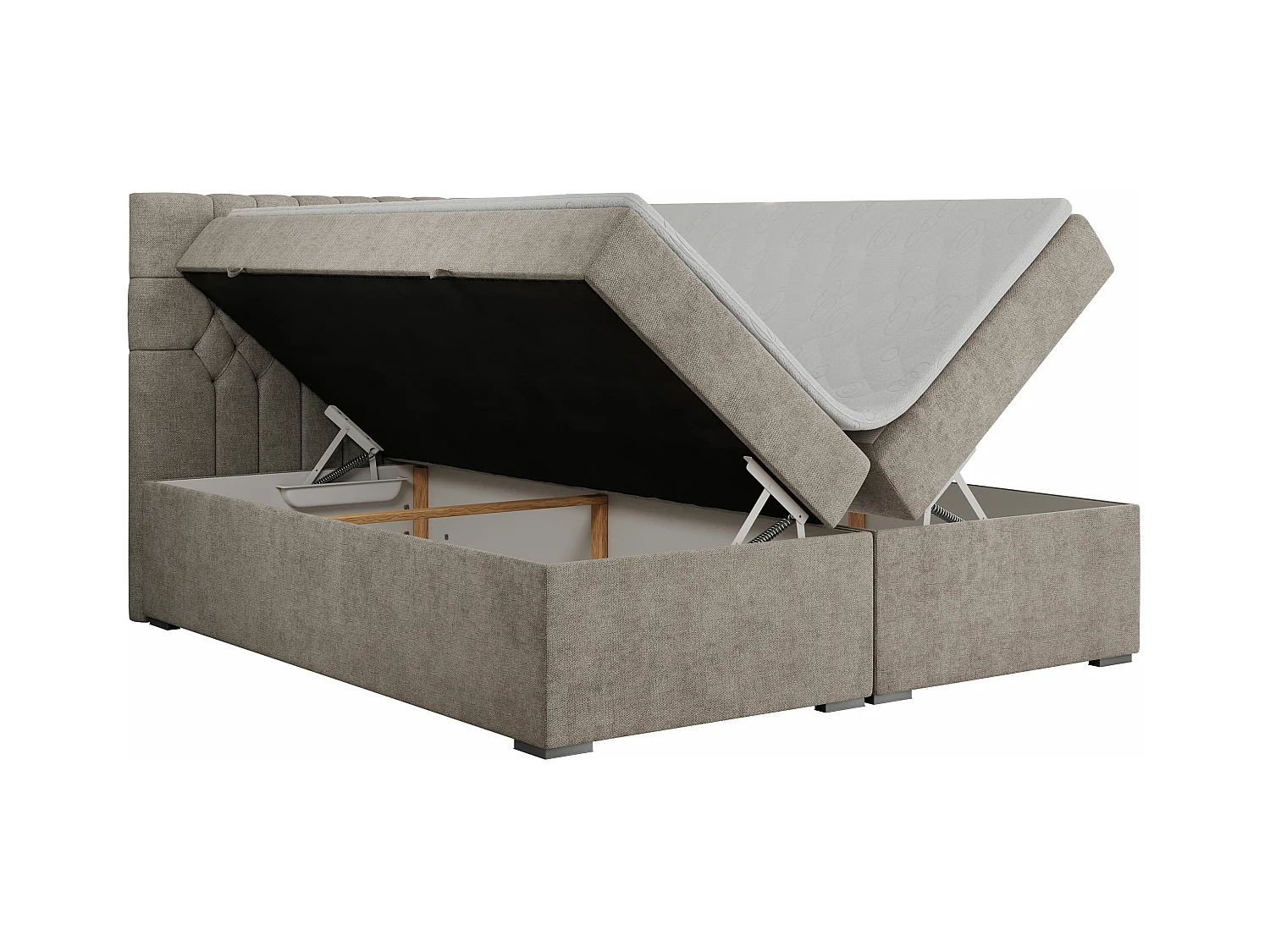 Boxspringbett PERA - gesteppte Kopfstütze, Multipocket-Matratze und Topper, Doppelbett mit Stauraum - 140x200 cm - H4 - Beige Strukture