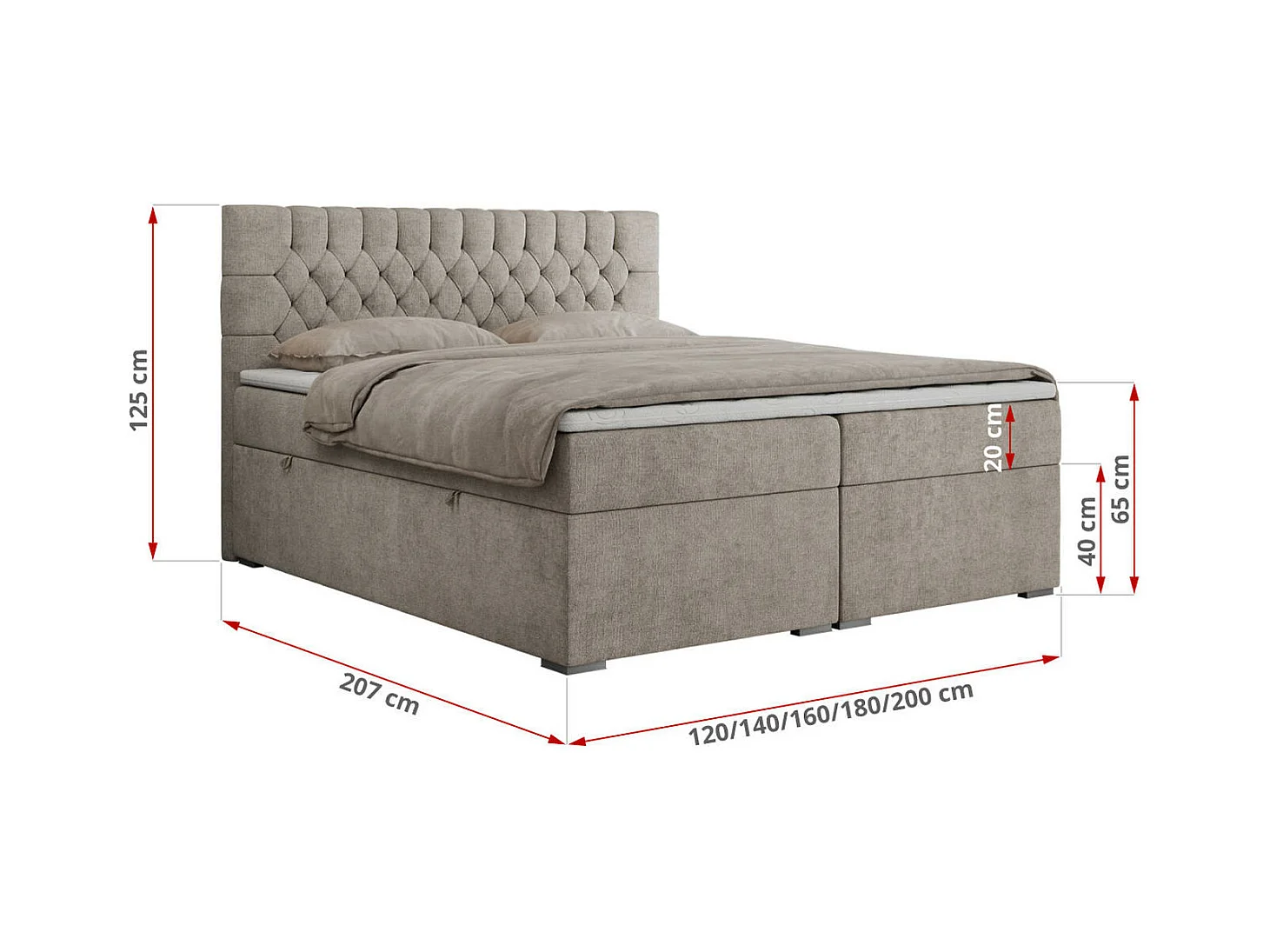 Boxspringbett PERA - gesteppte Kopfstütze, Multipocket-Matratze und Topper, Doppelbett mit Stauraum - 140x200 cm - H4 - Beige Strukture