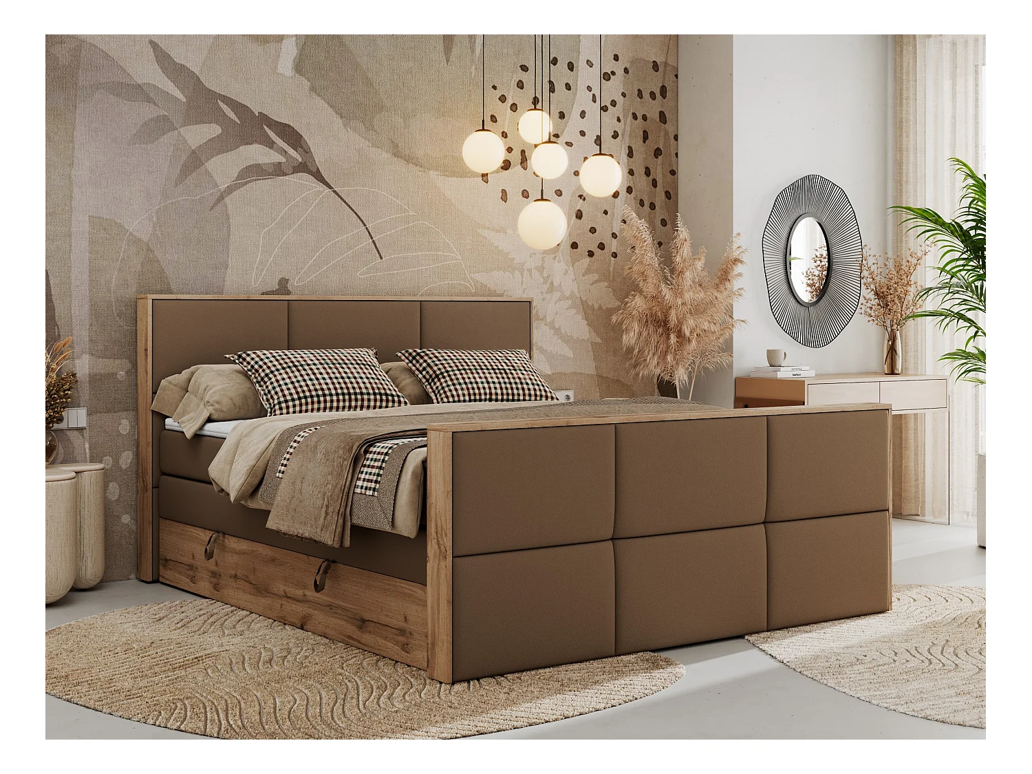 Boxspringbett ALBERO 2 KING DUO - Eiche Wotan Holzrahmen, zwei Multipocket-Matratzen, Bettkästen - 120x200 cm - H4 - Braun Kunstleder