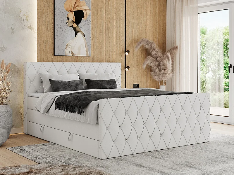 Boxspringbett MIREN KING DUO - für Schlafzimmer mit zwei Multipocket-Matratzen und Topper, gestepptes Kopfteil und Front  - 200x200 cm - H3 - Weiß Kunstleder