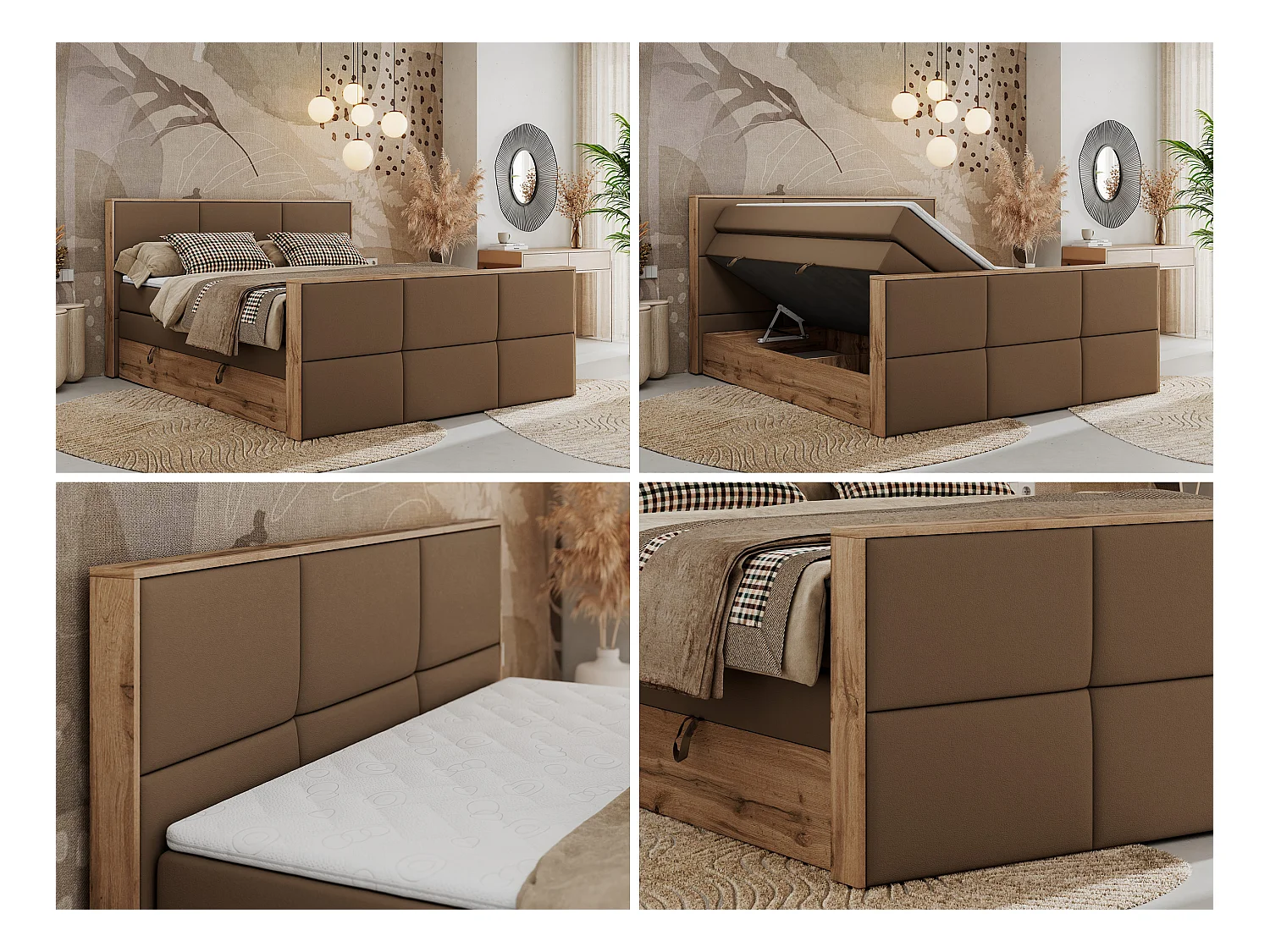 Boxspringbett ALBERO 2 KING DUO - Eiche Wotan Holzrahmen, zwei Multipocket-Matratzen, Bettkästen - 120x200 cm - H3 - Braun Kunstleder