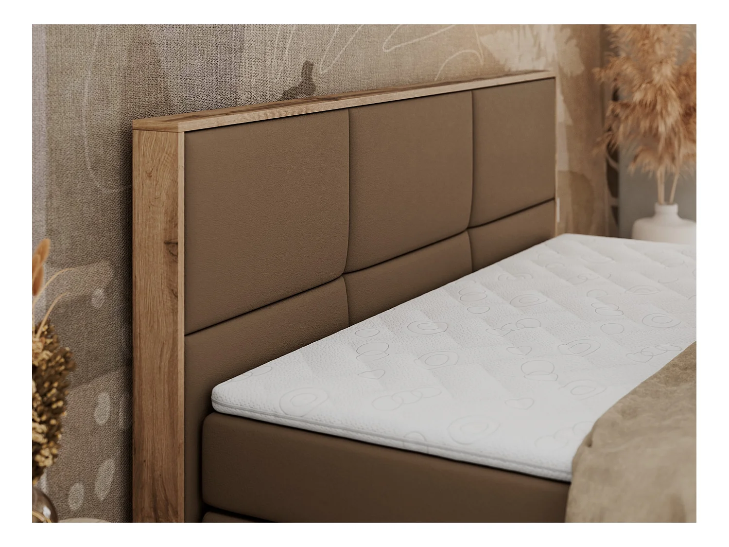 Boxspringbett ALBERO 2 KING DUO - Eiche Wotan Holzrahmen, zwei Multipocket-Matratzen, Bettkästen - 120x200 cm - H3 - Braun Kunstleder