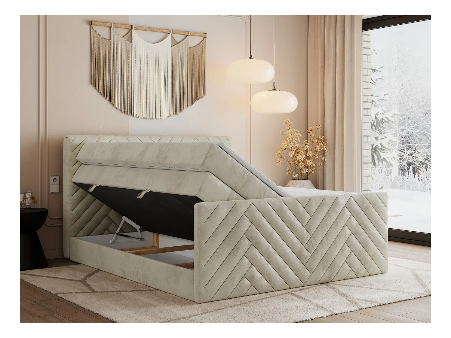 Boxspringbett PARIS KING DUO - dekorative Kopfstütze und Front, zwei Multipocket-Matratze mit Topper - 120x200 cm - H3 - Beige Velvet