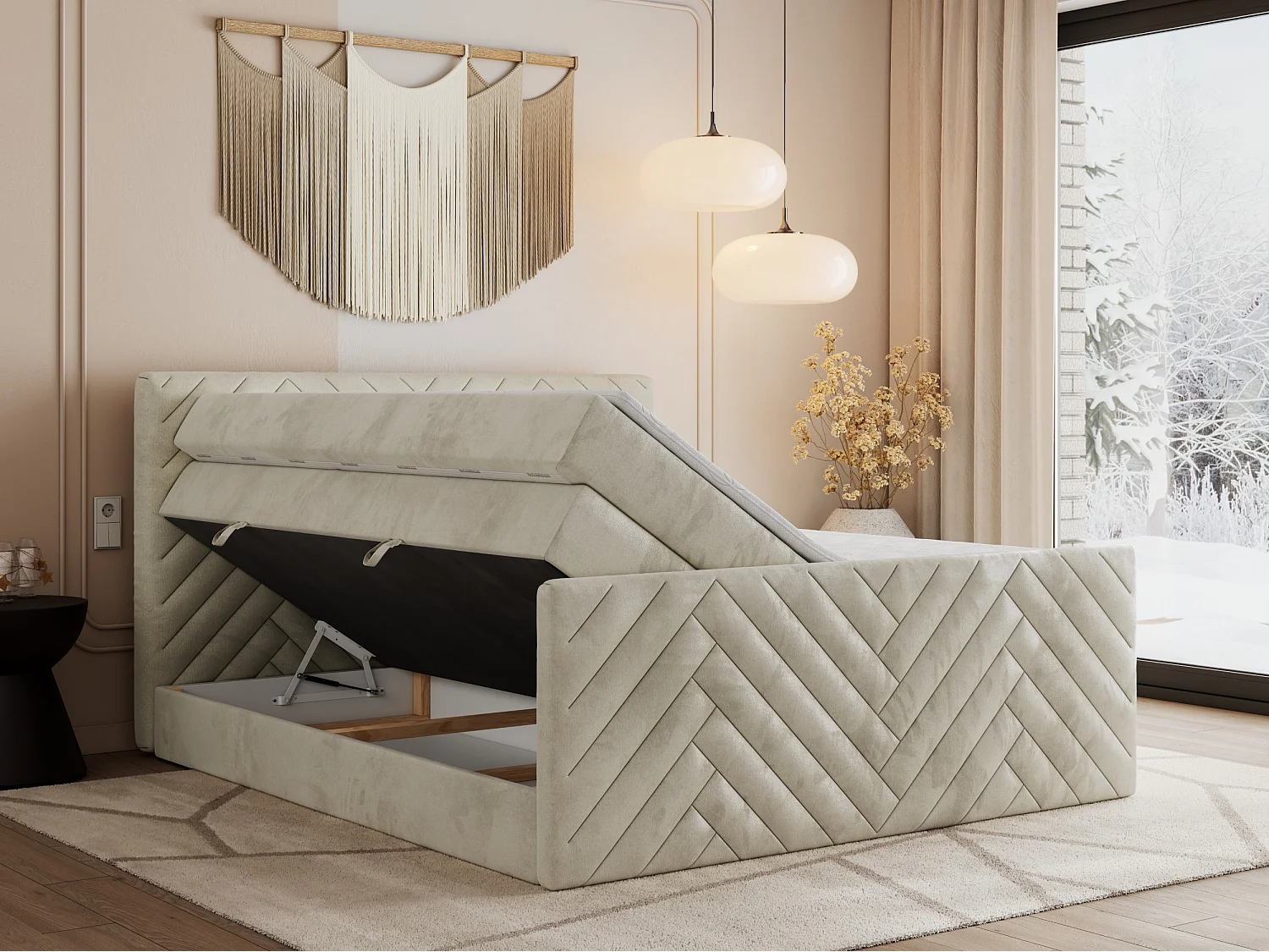 Boxspringbett PARIS KING DUO - dekorative Kopfstütze und Front, zwei Multipocket-Matratze mit Topper - 120x200 cm - H3 - Beige Velvet