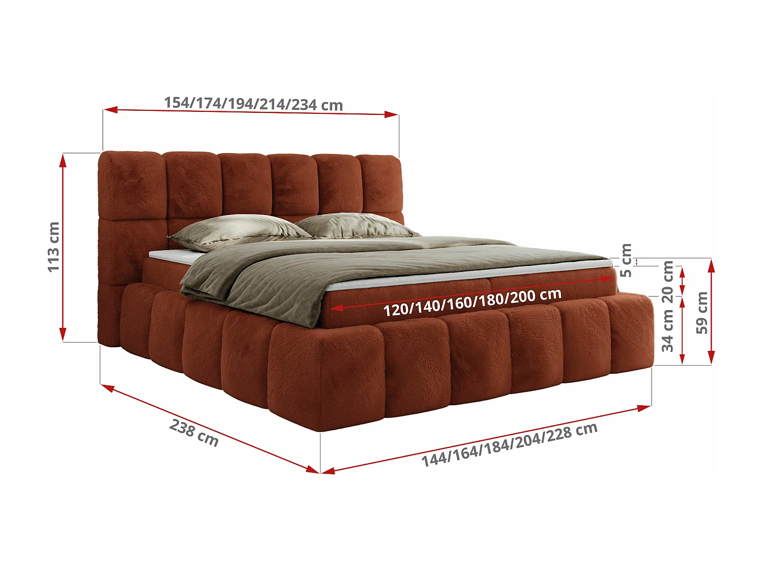 Boxspringbett NIRA - dekorativ kopfteil, Bettkästen und Multipocket-Matratze, Doppelbett für Schlafzimmer - 120x200 cm - H3 - Orange Plüsch