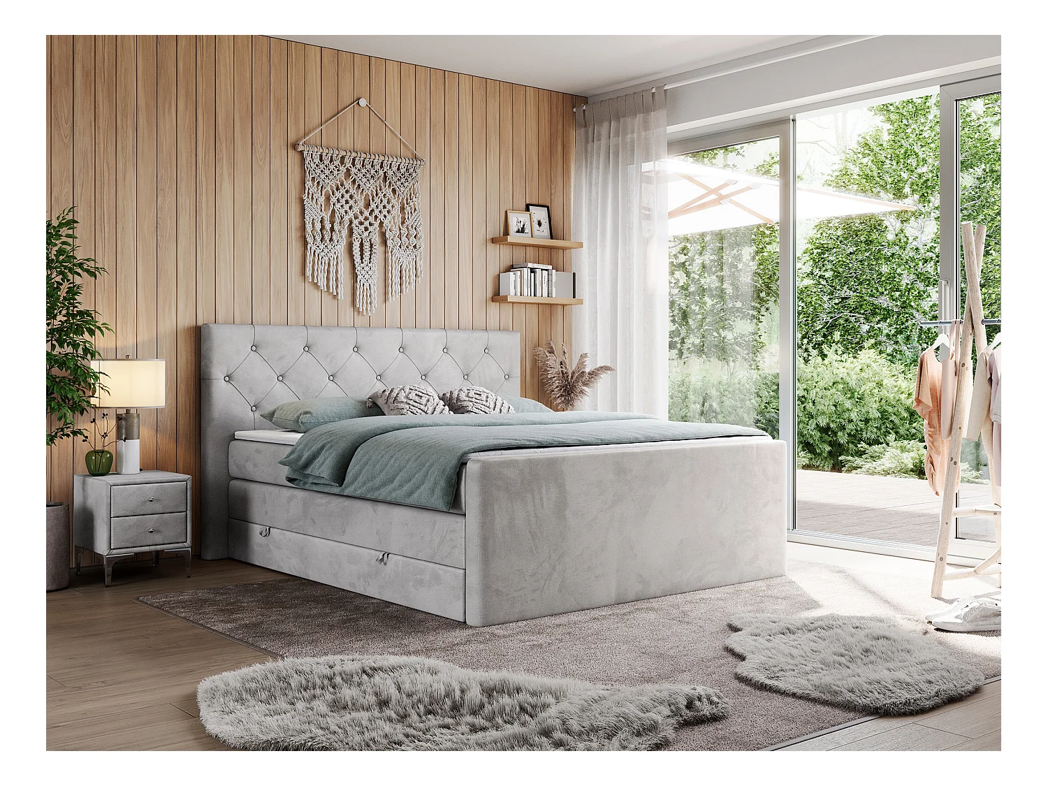 Boxspringbett VELEN KING - Doppelbett mit gestepptem Kopfteil, zwei Multipocket-Matratzen, Polsterbett mit Kopfstütze - 120x200 cm - H4 - Hellgrau Velvet