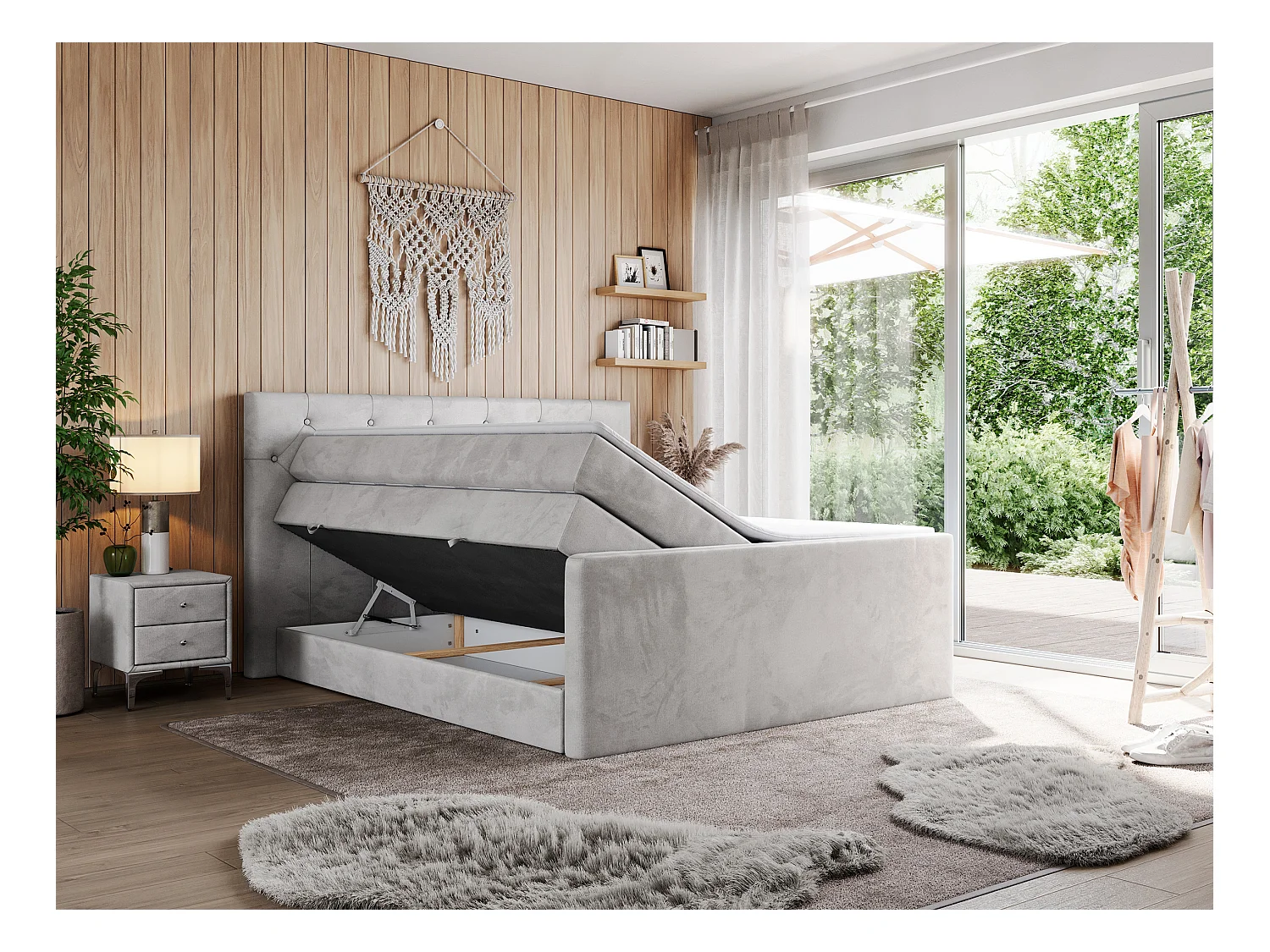 Boxspringbett VELEN KING - Doppelbett mit gestepptem Kopfteil, zwei Multipocket-Matratzen, Polsterbett mit Kopfstütze - 120x200 cm - H4 - Hellgrau Velvet