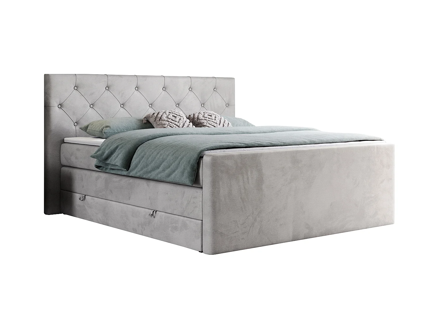 Boxspringbett VELEN KING - Doppelbett mit gestepptem Kopfteil, zwei Multipocket-Matratzen, Polsterbett mit Kopfstütze - 120x200 cm - H4 - Hellgrau Velvet