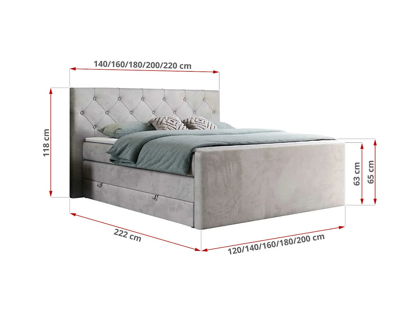 Boxspringbett VELEN KING - Doppelbett mit gestepptem Kopfteil, zwei Multipocket-Matratzen, Polsterbett mit Kopfstütze - 120x200 cm - H4 - Hellgrau Velvet