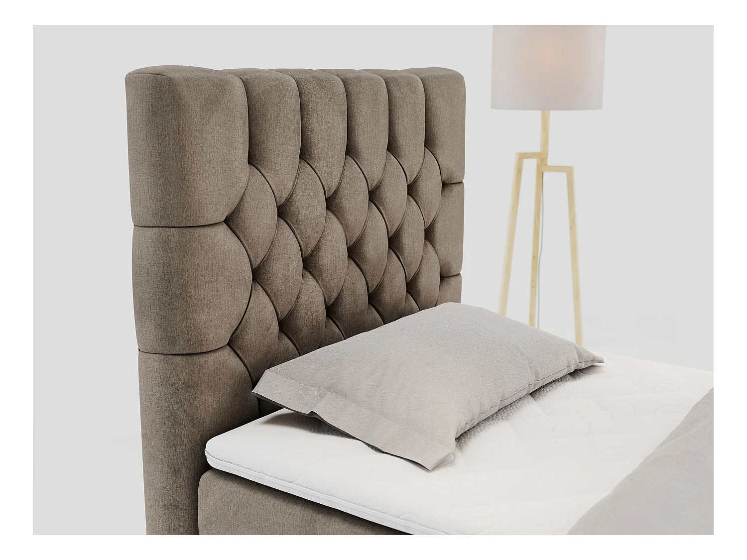 Boxspringbett PERA - Einzelbett mit Kopfstütze, Polsterbett, Multipocket-Matratze, genähtes Kopfteil - 90x200 cm - H3 - Braun Velvet - Links Seite