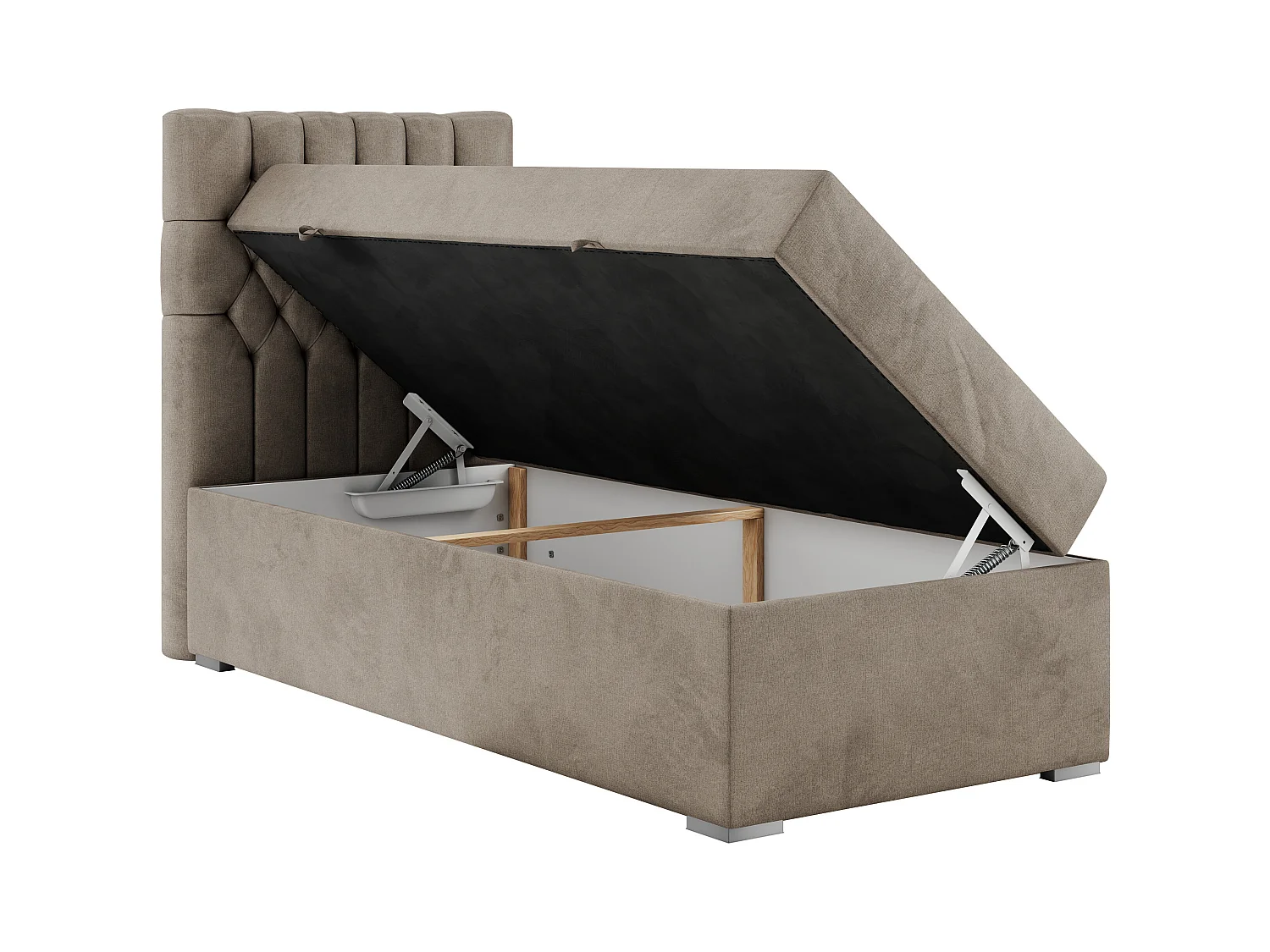 Boxspringbett PERA - Einzelbett mit Kopfstütze, Polsterbett, Multipocket-Matratze, genähtes Kopfteil - 90x200 cm - H3 - Braun Velvet - Links Seite