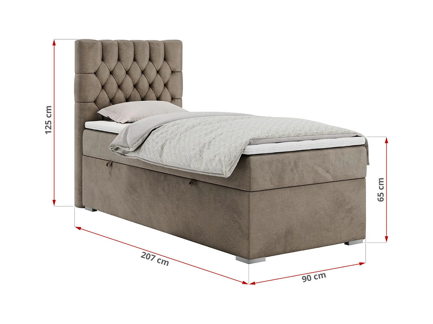 Boxspringbett PERA - Einzelbett mit Kopfstütze, Polsterbett, Multipocket-Matratze, genähtes Kopfteil - 90x200 cm - H3 - Braun Velvet - Links Seite