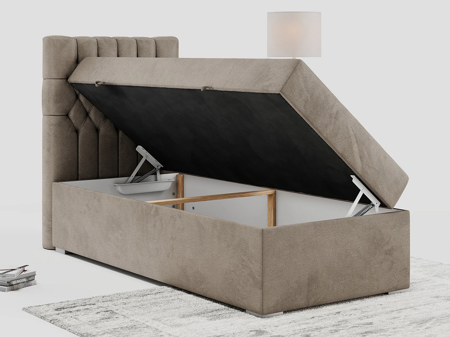 Boxspringbett PERA - Einzelbett mit Kopfstütze, Polsterbett, Multipocket-Matratze, genähtes Kopfteil - 90x200 cm - H3 - Braun Velvet - Links Seite