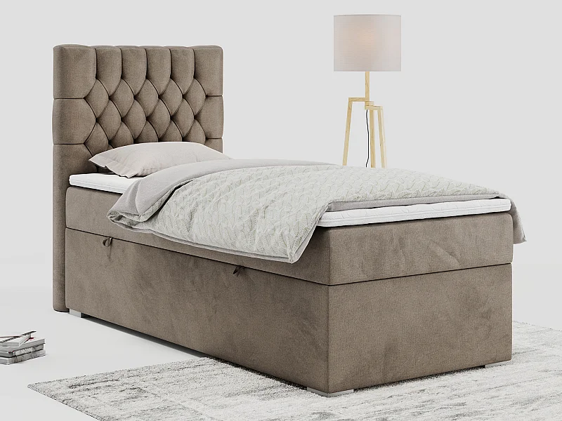 Boxspringbett PERA - Einzelbett mit Kopfstütze, Polsterbett, Multipocket-Matratze, genähtes Kopfteil - 90x200 cm - H3 - Braun Velvet - Links Seite