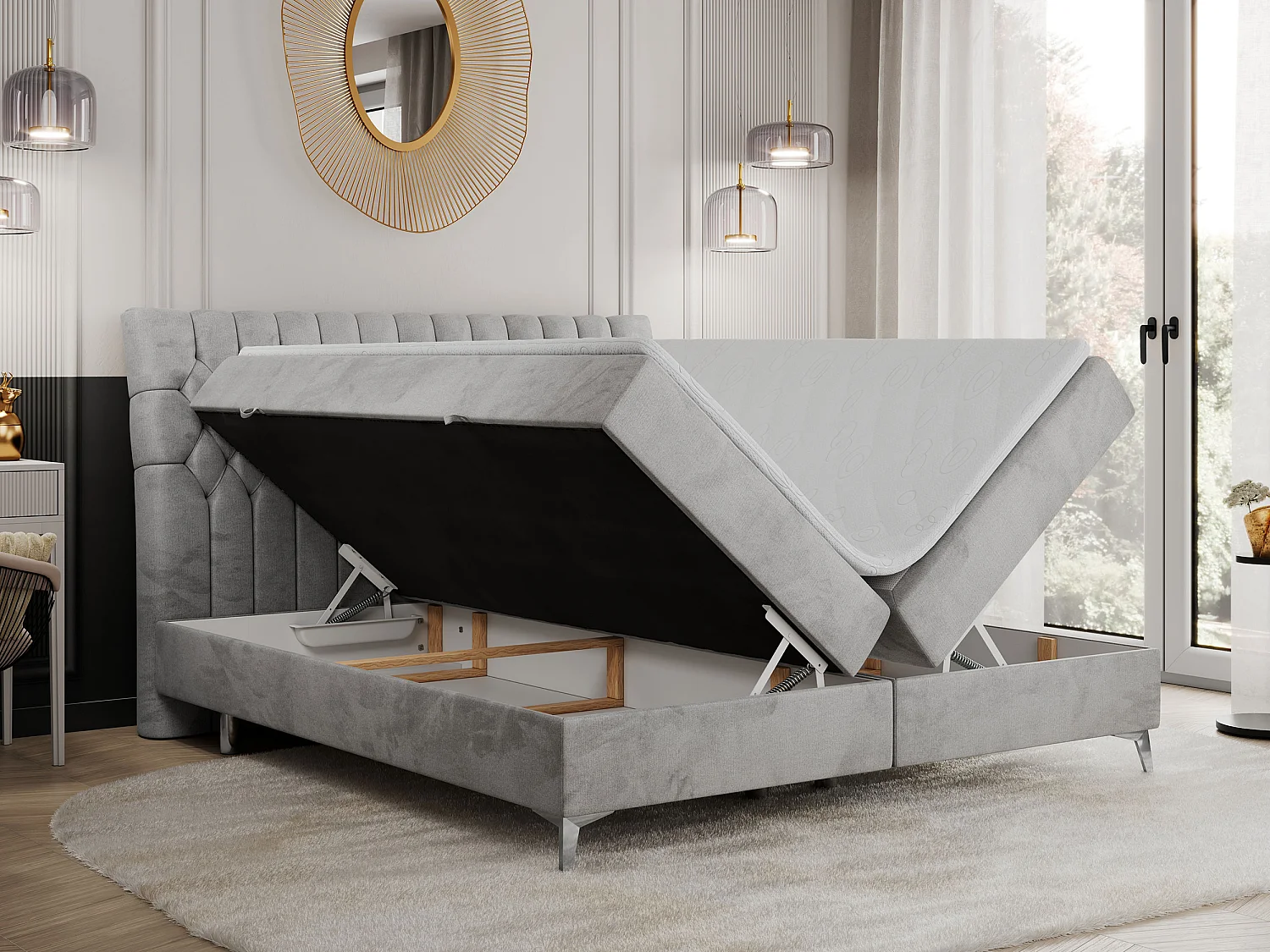 Boxspringbett MILEN - gepolstertes Schlafzimmerbett, zwei Multipocket-Matratze, dekorative hohe Beine - 200x200 cm - H4 - Hellgrau Velvet