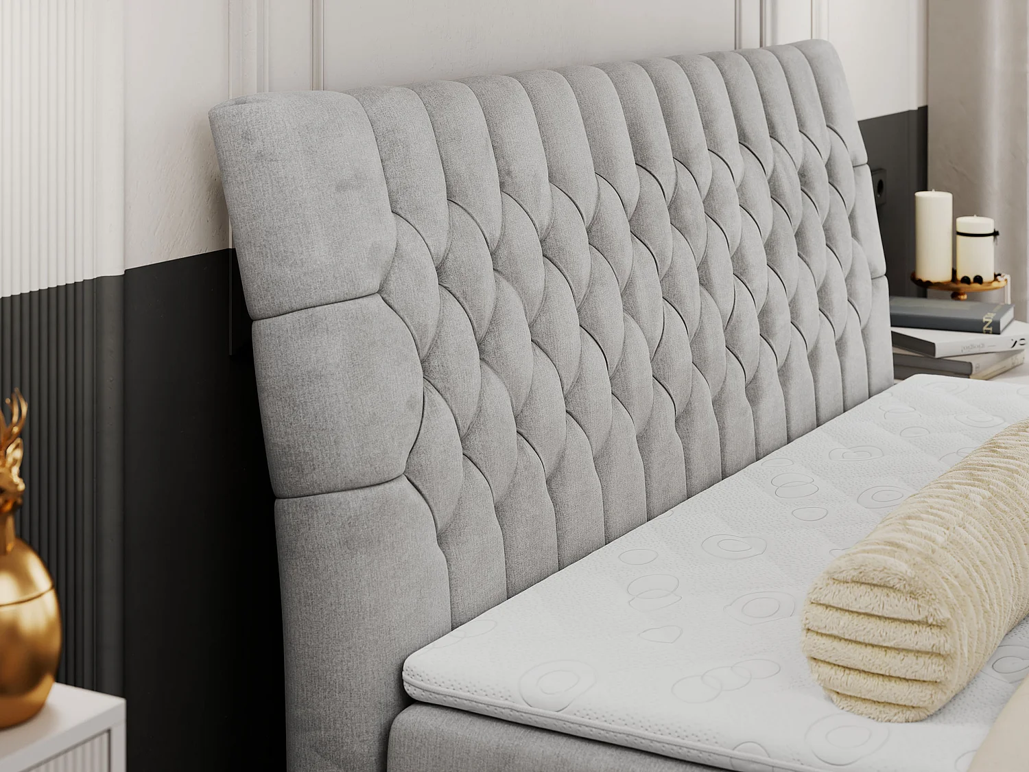 Boxspringbett MILEN - gepolstertes Schlafzimmerbett, zwei Multipocket-Matratze, dekorative hohe Beine - 200x200 cm - H4 - Hellgrau Velvet