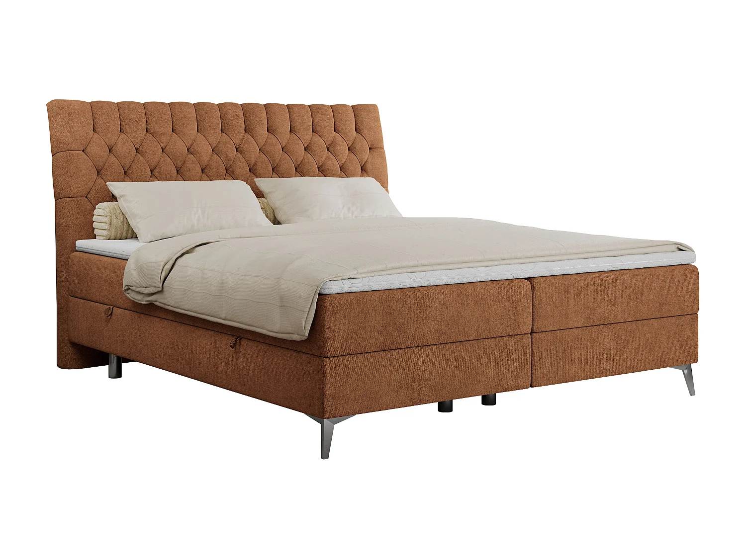 Boxspringbett MILEN - gepolstertes Schlafzimmerbett, zwei Multipocket-Matratze, dekorative hohe Beine - 120x200 cm - H3 - Orange Strukture