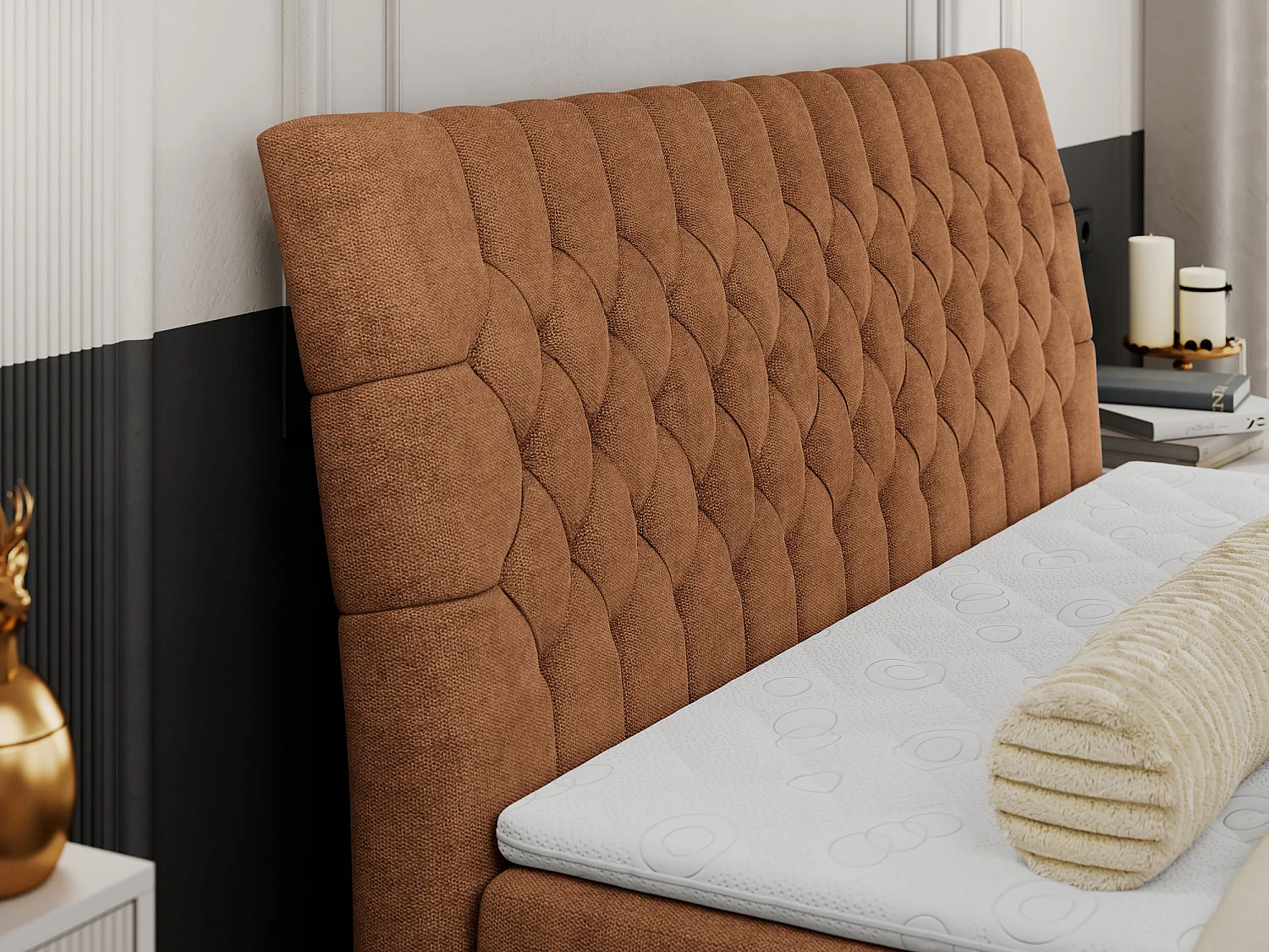 Boxspringbett MILEN - gepolstertes Schlafzimmerbett, zwei Multipocket-Matratze, dekorative hohe Beine - 120x200 cm - H3 - Orange Strukture