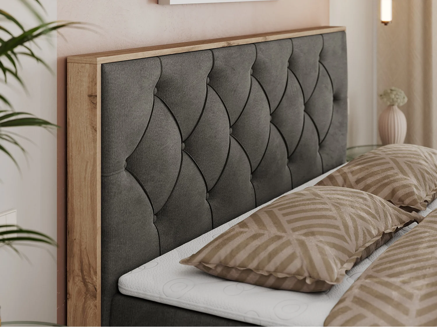 Boxspringbett VENETO - gestepptem Kopfteil, Set mit Multipocket-Matratze und Topper, Holzrahmen, zwei Bettkästen - 160x200 cm - H4 - Dunkelgrau Velvet