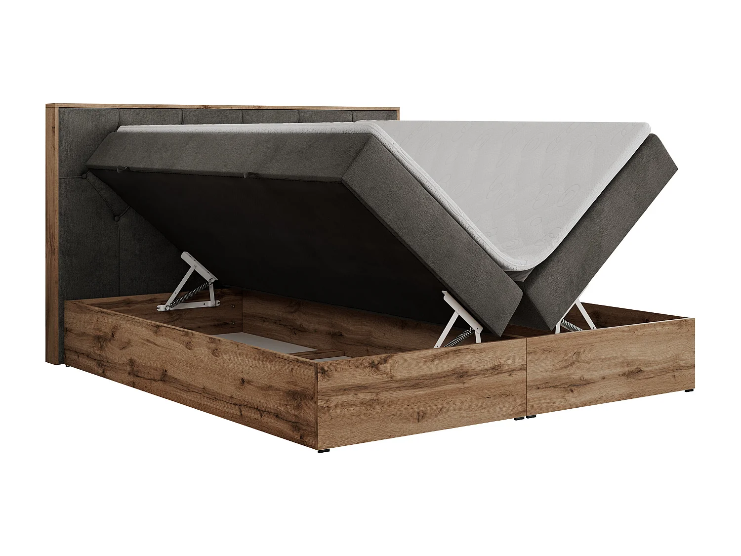 Boxspringbett VENETO - gestepptem Kopfteil, Set mit Multipocket-Matratze und Topper, Holzrahmen, zwei Bettkästen - 160x200 cm - H4 - Dunkelgrau Velvet