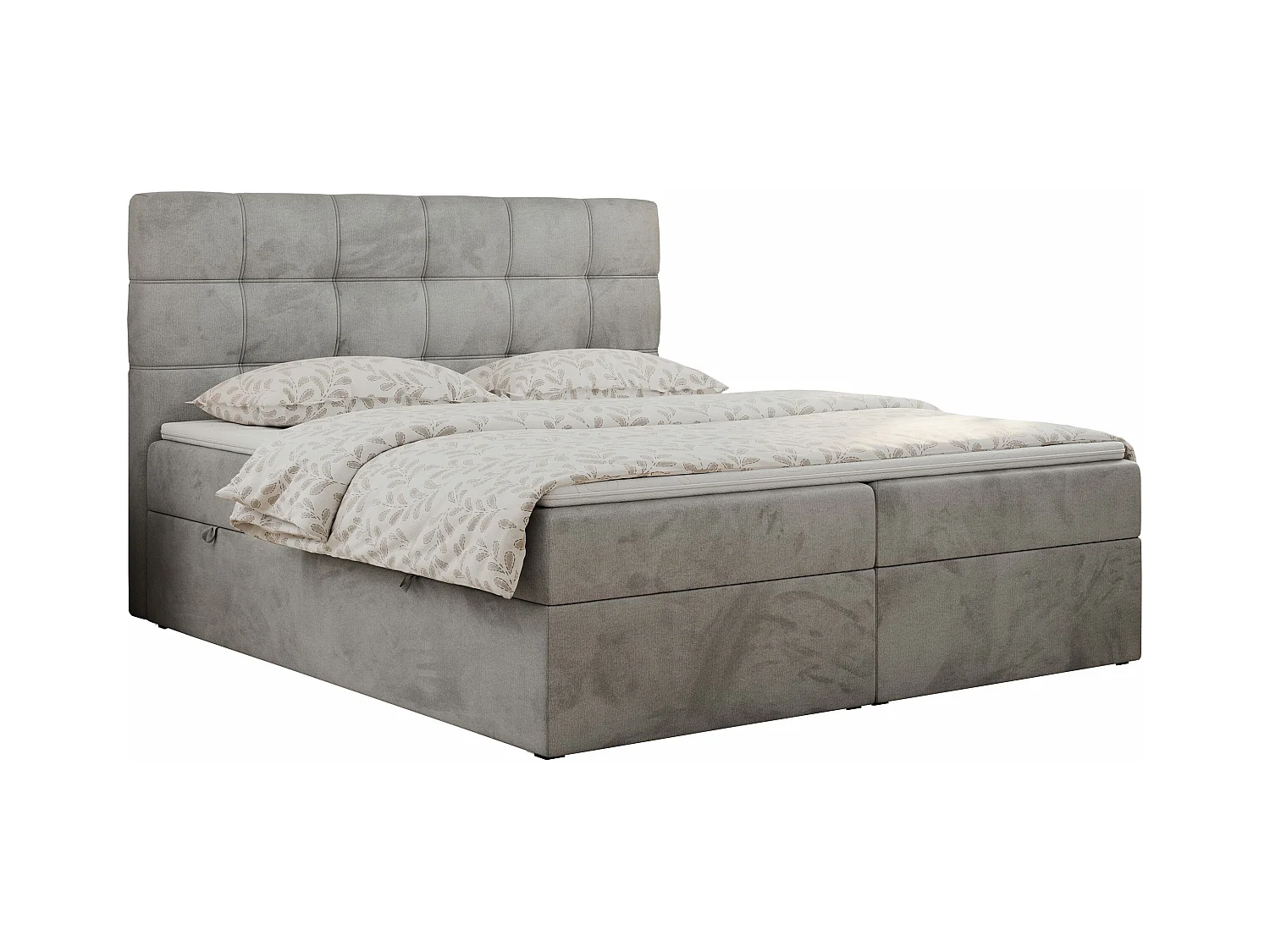 Boxspringbett ERNI - mit gestepptem Kopfteil, Polsterbett, Multipocket-Matratze und Topper, Bettkästen - 160x200 cm - H3 - Hellgrau Velvet