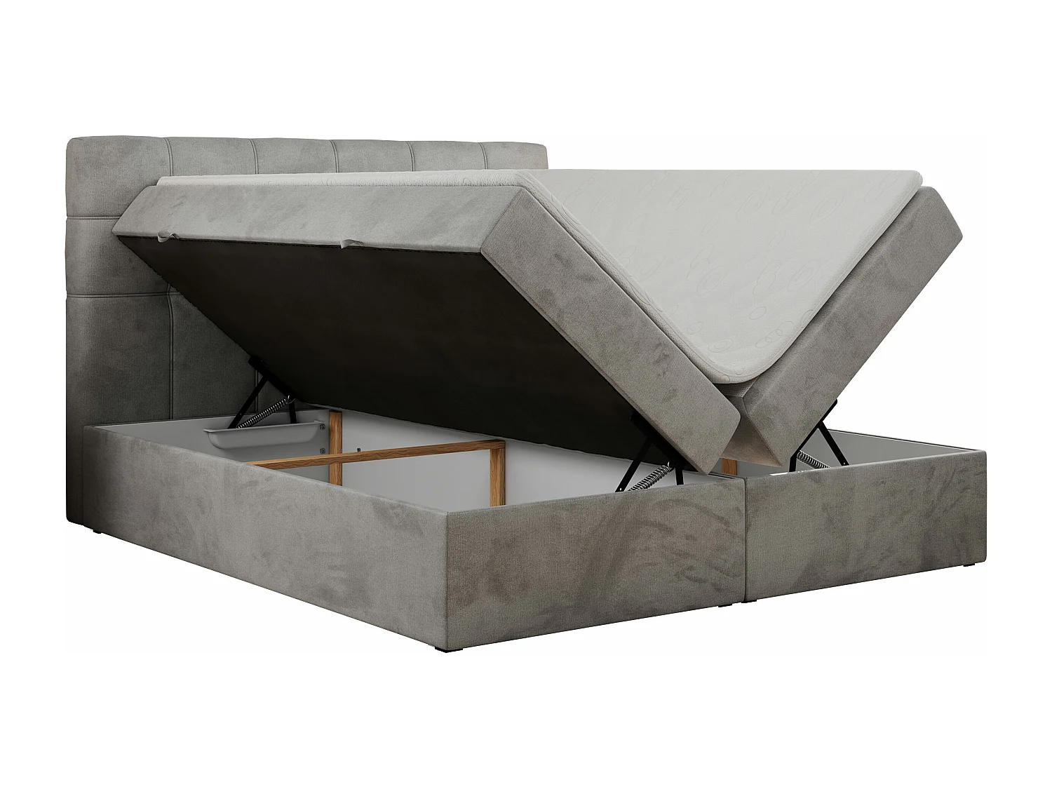 Boxspringbett ERNI - mit gestepptem Kopfteil, Polsterbett, Multipocket-Matratze und Topper, Bettkästen - 160x200 cm - H3 - Hellgrau Velvet