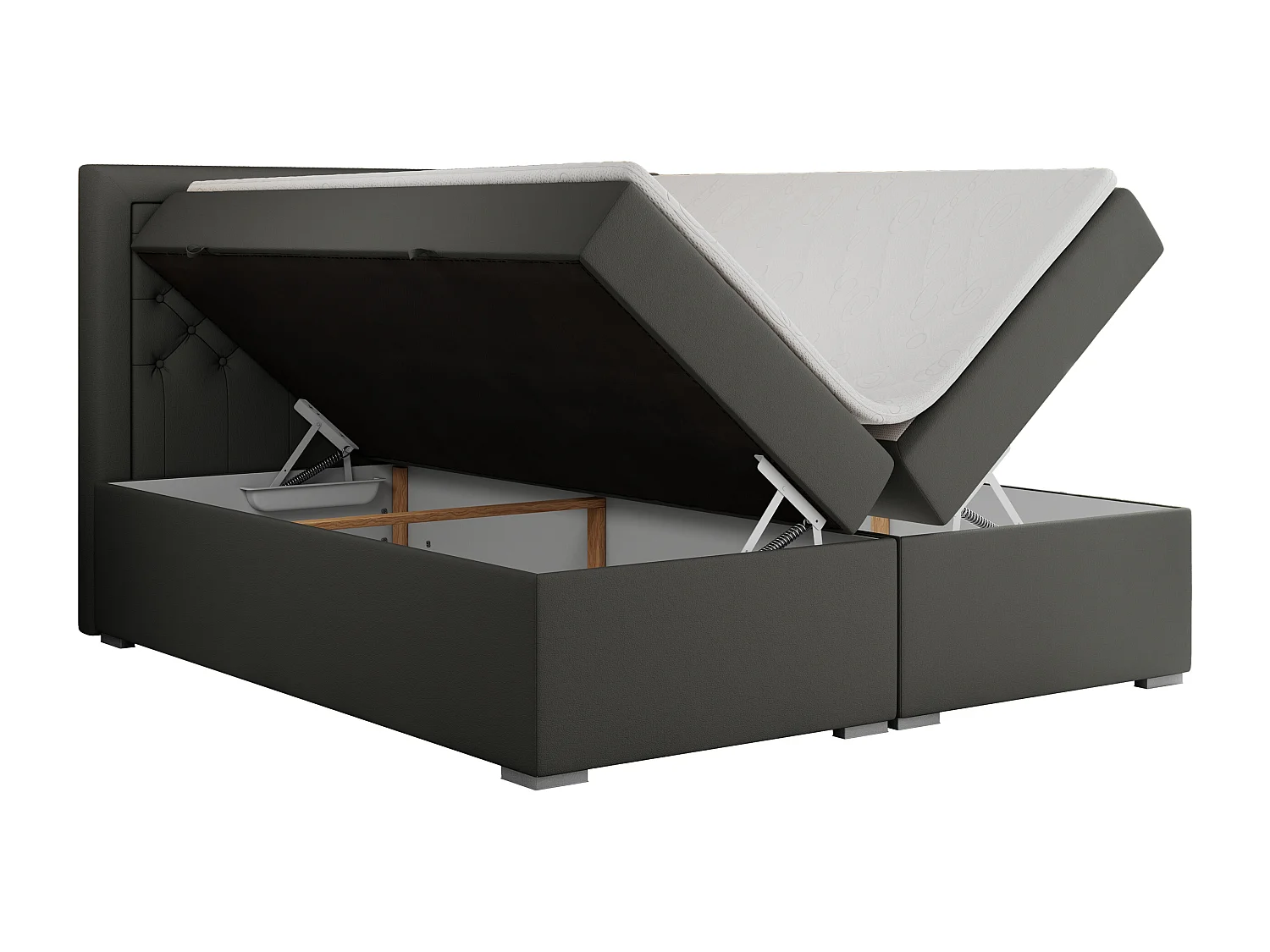 Boxspringbett JASIR - mit gestepptem Kopfteil, Doppelbett für Schlafzimmer, Multipocket-Matratze, Stauraum - 200x200 cm - H4 - Dunkelgrau Kunstleder