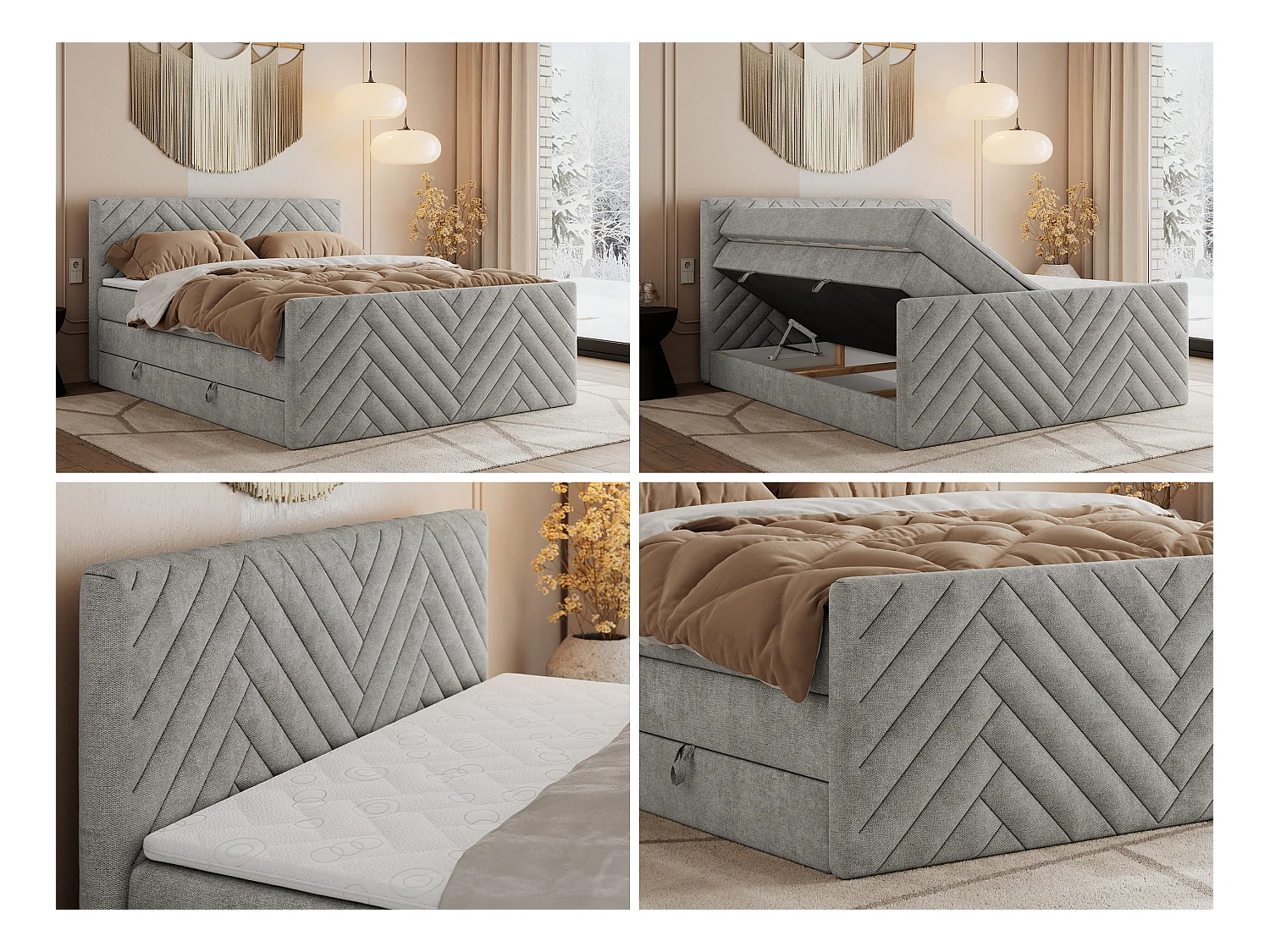Boxspringbett PARIS KING DUO - dekorative Kopfstütze und Front, zwei Multipocket-Matratze mit Topper - 140x200 cm - H4 - Hellgrau Strukture