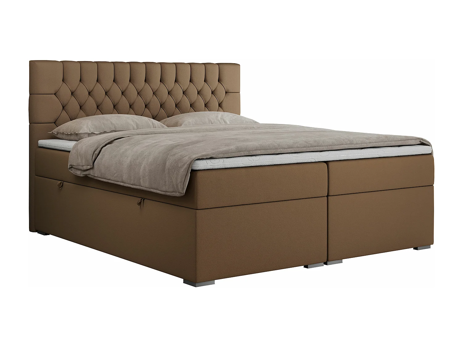 Boxspringbett PERA - gesteppte Kopfstütze, Multipocket-Matratze und Topper, Doppelbett mit Stauraum - 200x200 cm - H4 - Braun Kunstleder