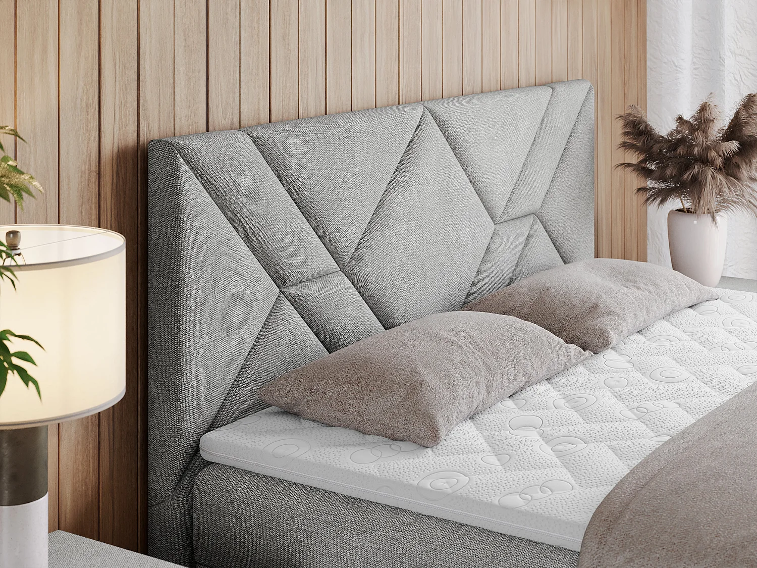 Boxspringbett NEOMI - dekorativem Kopfteil, Polsterbett mit Multipocket-Matratzen, zwei Bettkästen - 160x200 cm - H4 - Hellgrau Strukture