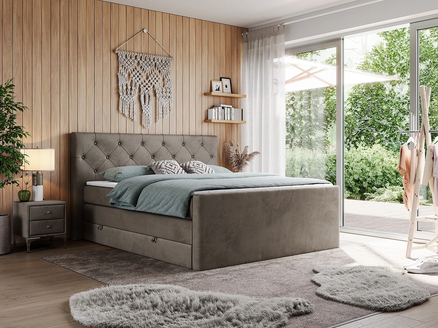 Boxspringbett VELEN KING - Doppelbett mit gestepptem Kopfteil, zwei Multipocket-Matratzen, Polsterbett mit Kopfstütze - 120x200 cm - H4 - Braun Velvet