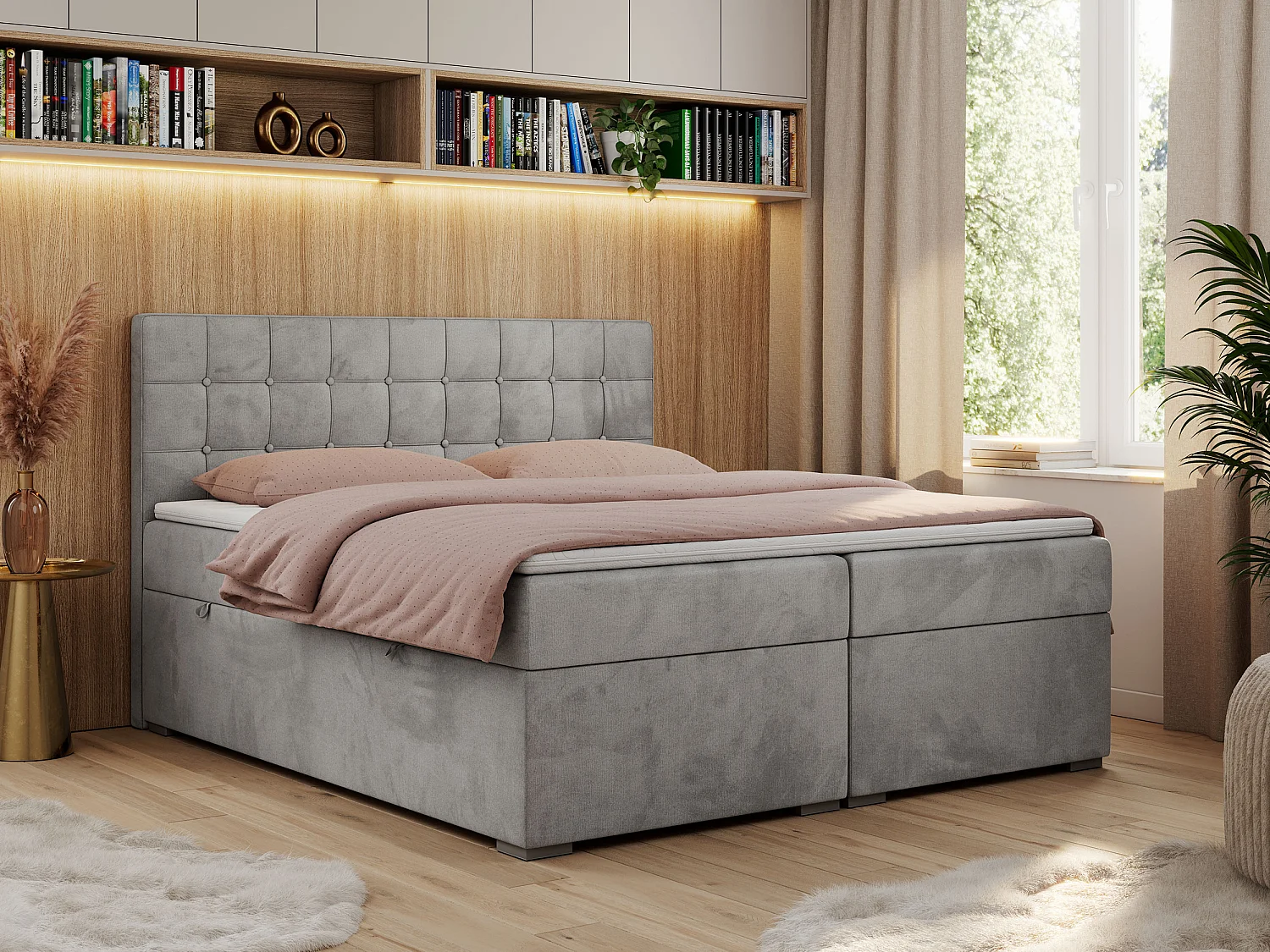 Boxspringbett CARMEN - Polsterbett mit zwei Bettkästen, gesteppte Kopfstütze, Multipocket-Matratze - 160x200 cm - H4 - Hellgrau Velvet