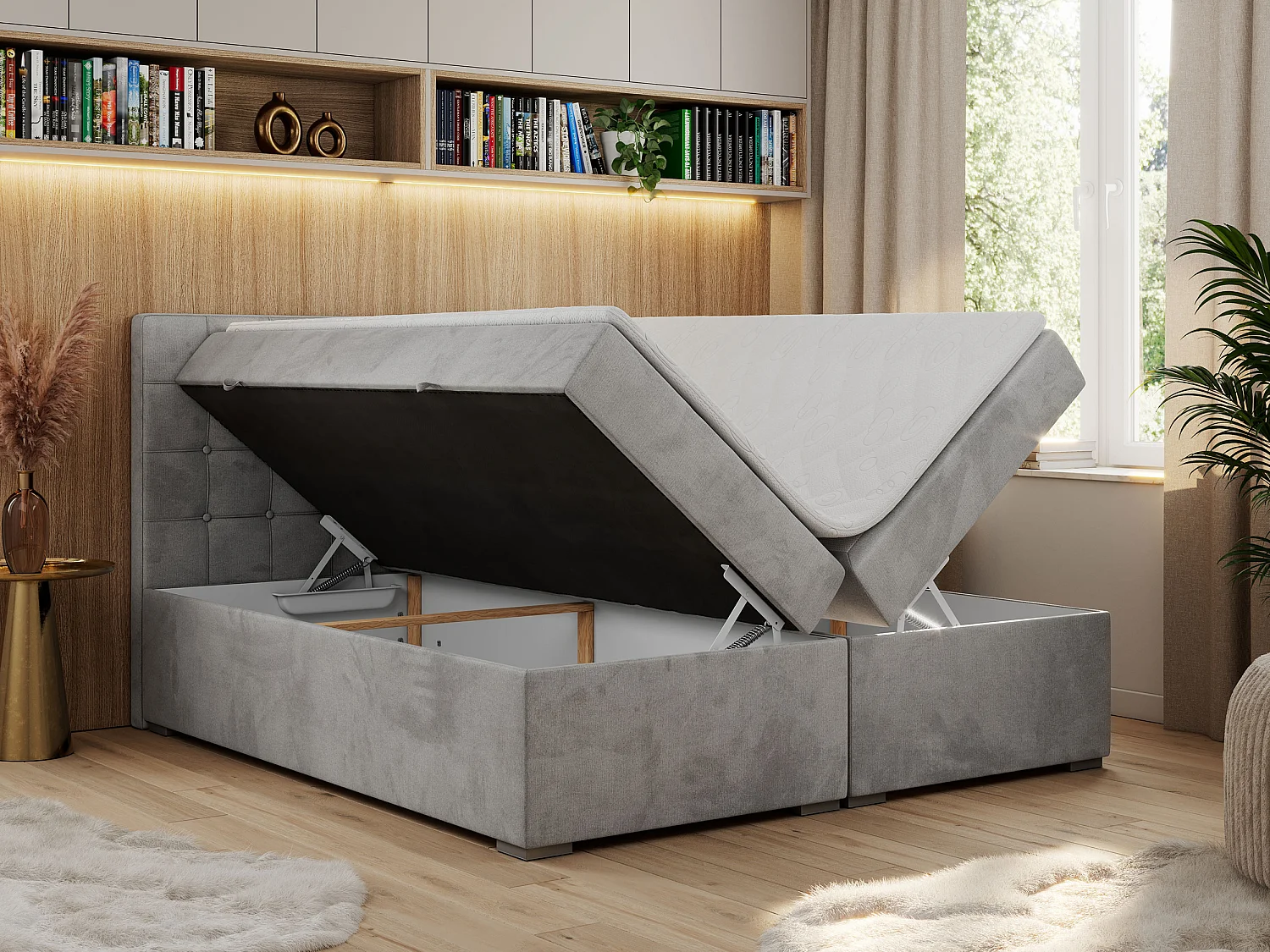 Boxspringbett CARMEN - Polsterbett mit zwei Bettkästen, gesteppte Kopfstütze, Multipocket-Matratze - 160x200 cm - H4 - Hellgrau Velvet