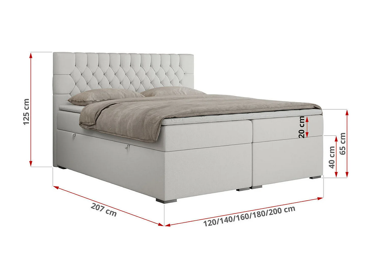 Boxspringbett PERA - gesteppte Kopfstütze, Multipocket-Matratze und Topper, Doppelbett mit Stauraum - 200x200 cm - H4 - Weiß Kunstleder