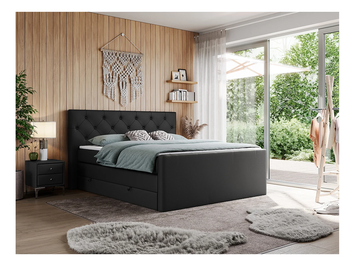 Boxspringbett VELEN KING - Doppelbett mit gestepptem Kopfteil, zwei Multipocket-Matratzen, Polsterbett mit Kopfstütze - 140x200 cm - H4 - Schwarz Kunstleder