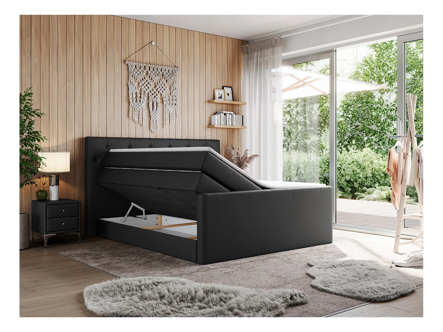 Boxspringbett VELEN KING - Doppelbett mit gestepptem Kopfteil, zwei Multipocket-Matratzen, Polsterbett mit Kopfstütze - 140x200 cm - H4 - Schwarz Kunstleder
