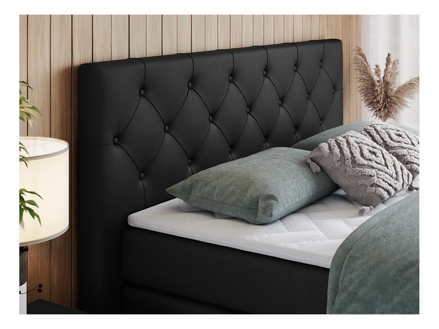 Boxspringbett VELEN KING - Doppelbett mit gestepptem Kopfteil, zwei Multipocket-Matratzen, Polsterbett mit Kopfstütze - 140x200 cm - H4 - Schwarz Kunstleder