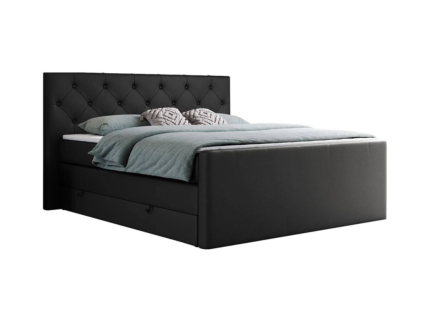 Boxspringbett VELEN KING - Doppelbett mit gestepptem Kopfteil, zwei Multipocket-Matratzen, Polsterbett mit Kopfstütze - 140x200 cm - H4 - Schwarz Kunstleder