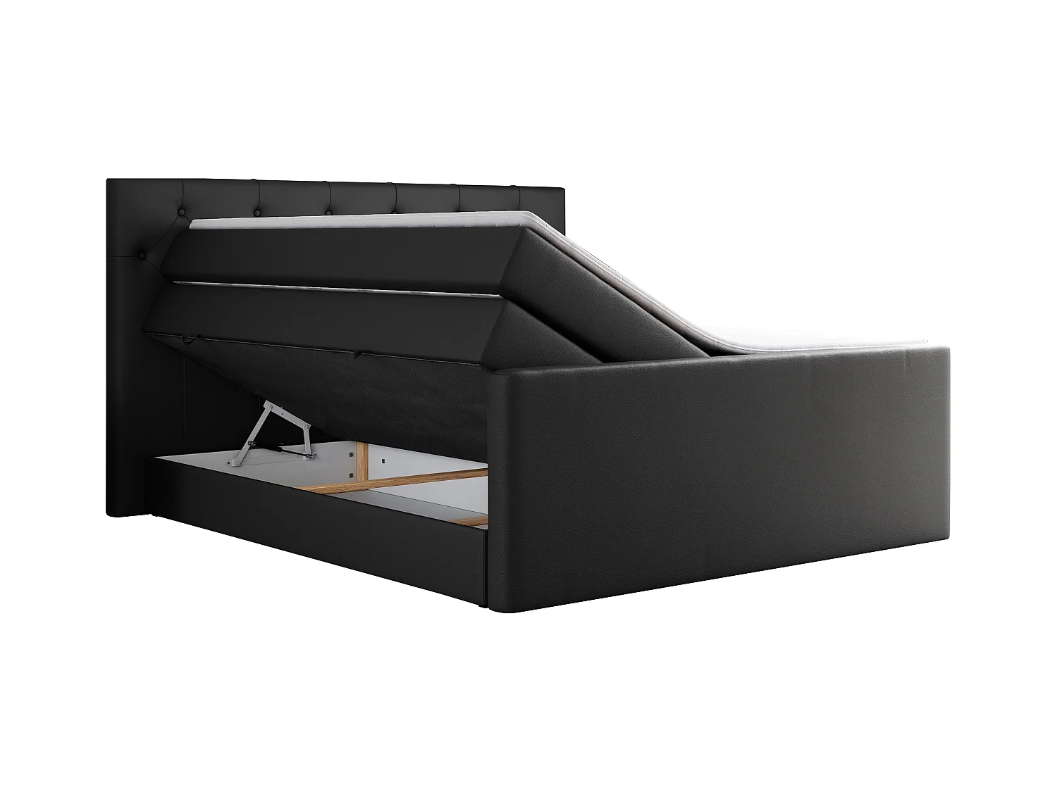 Boxspringbett VELEN KING - Doppelbett mit gestepptem Kopfteil, zwei Multipocket-Matratzen, Polsterbett mit Kopfstütze - 140x200 cm - H4 - Schwarz Kunstleder