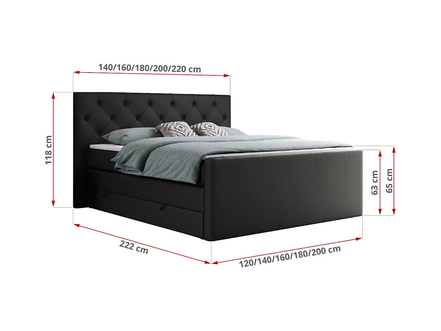 Boxspringbett VELEN KING - Doppelbett mit gestepptem Kopfteil, zwei Multipocket-Matratzen, Polsterbett mit Kopfstütze - 140x200 cm - H4 - Schwarz Kunstleder