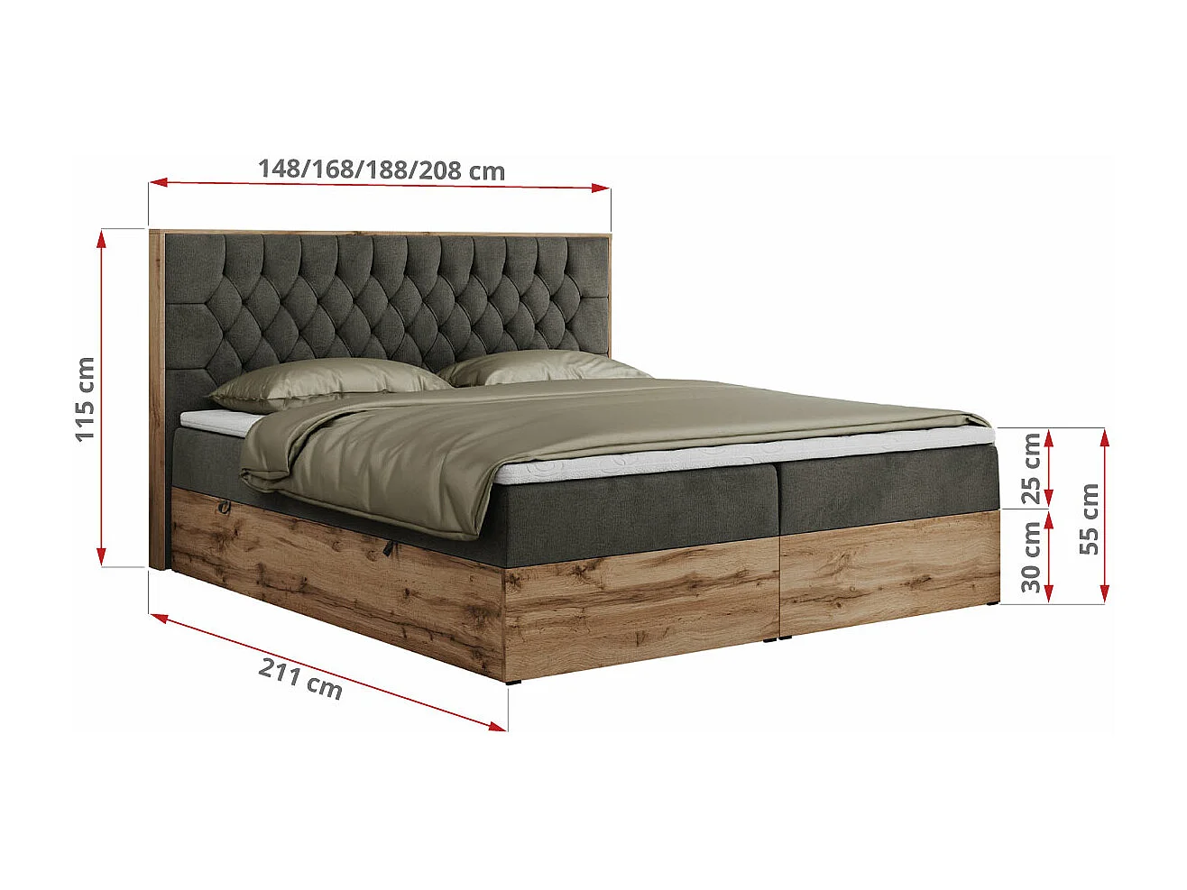 Boxspringbett AMORE - Bett mit Multipocket-Matratze, gesteppte Kopfstütze, Doppelbett für Schlafzimmer - 180x200 cm - H4 - Dunkelgrau Velvet