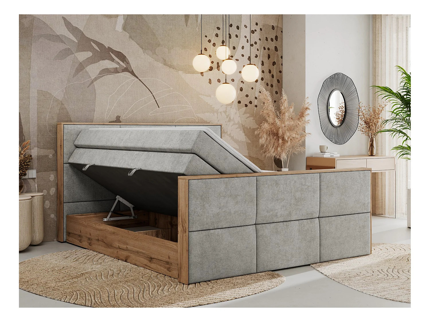 Boxspringbett ALBERO 2 KING DUO - Eiche Wotan Holzrahmen, zwei Multipocket-Matratzen, Bettkästen - 140x200 cm - H3 - Hellgrau Strukture