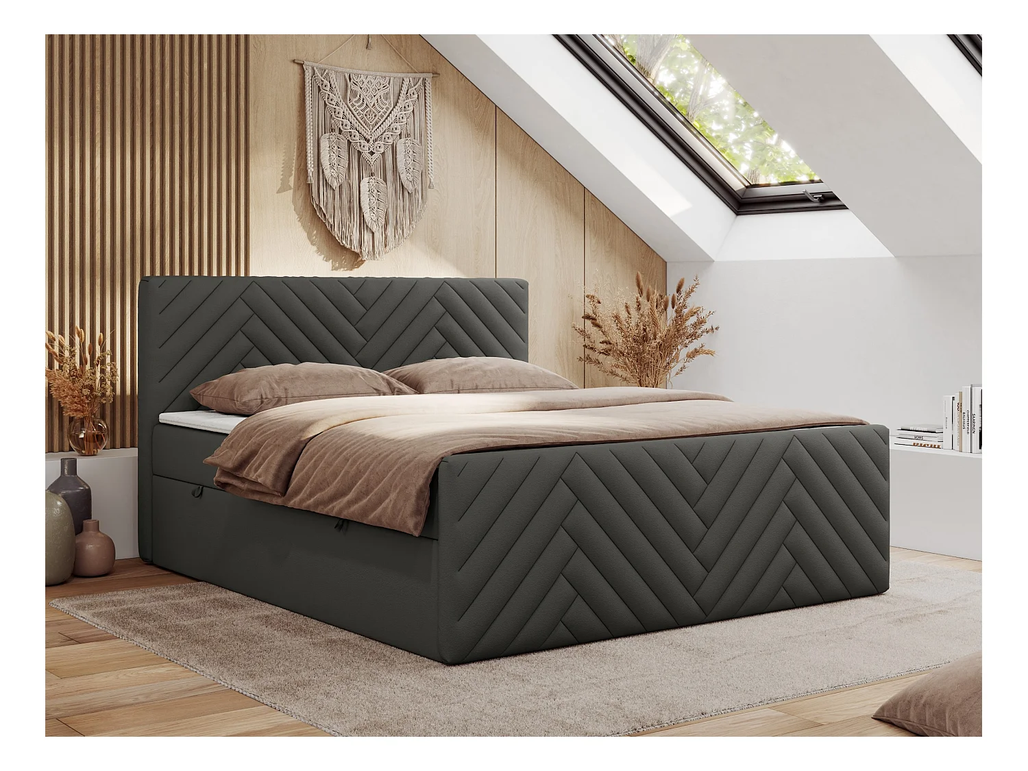 Boxspringbett PARIS DUO - Polsterbett mit genähtem Kopfteil und Frontplatte, Doppelbett, zwei Bettkästen - 160x200 cm - H4 - Grau Kunstleder