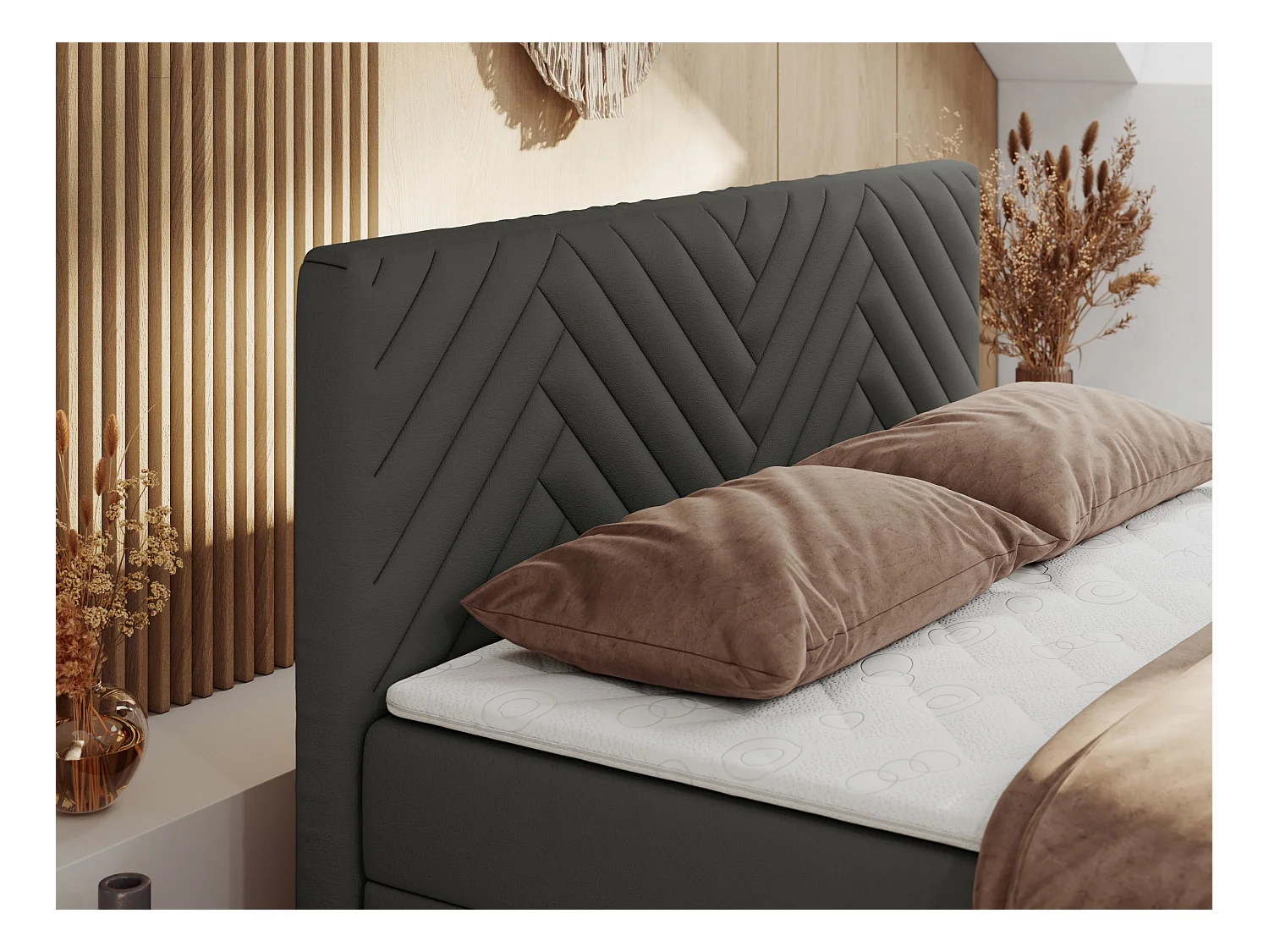 Boxspringbett PARIS DUO - Polsterbett mit genähtem Kopfteil und Frontplatte, Doppelbett, zwei Bettkästen - 160x200 cm - H4 - Grau Kunstleder