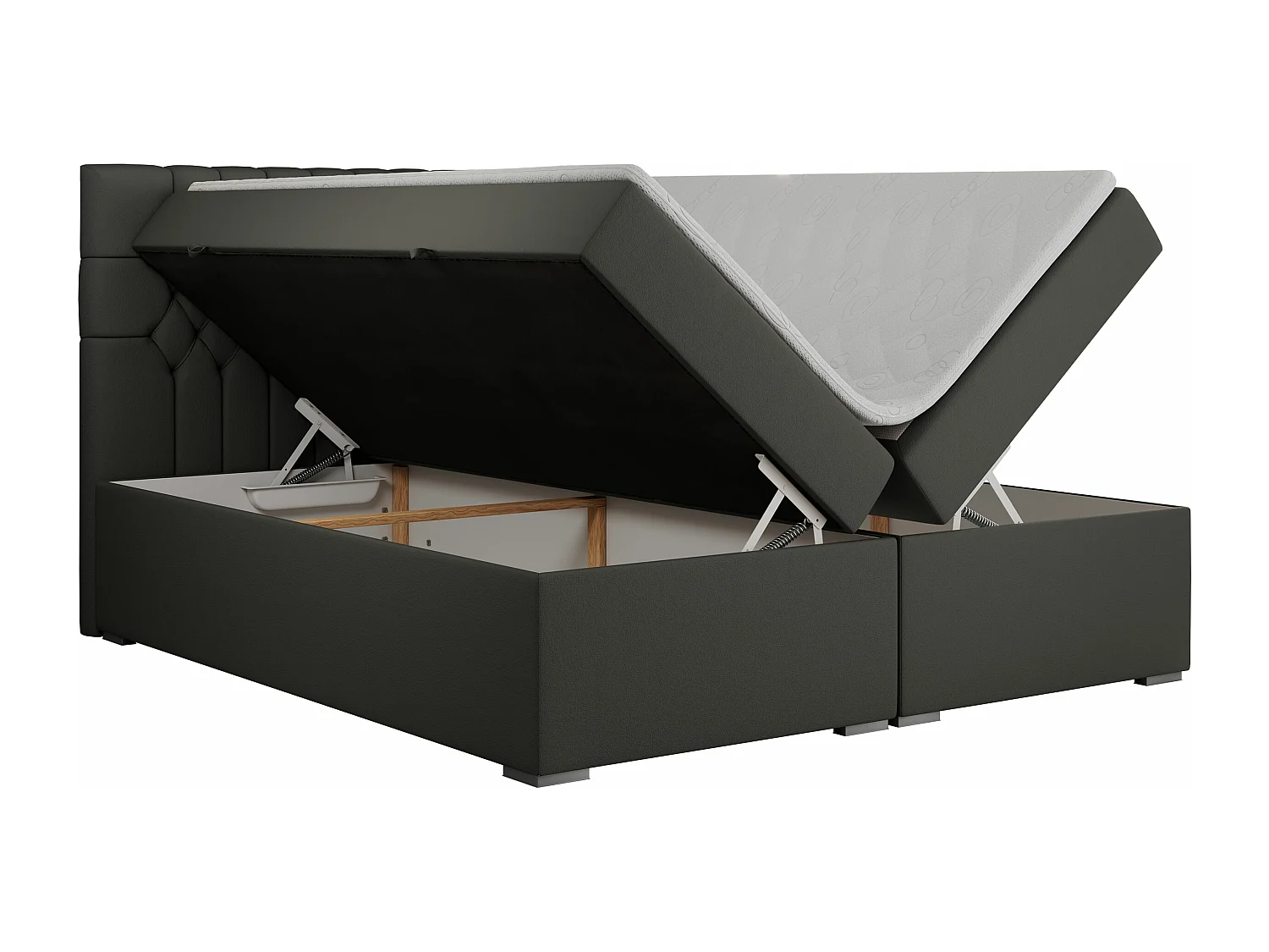 Boxspringbett PERA - gesteppte Kopfstütze, Multipocket-Matratze und Topper, Doppelbett mit Stauraum - 180x200 cm - H4 - Dunkelgrau Kunstleder